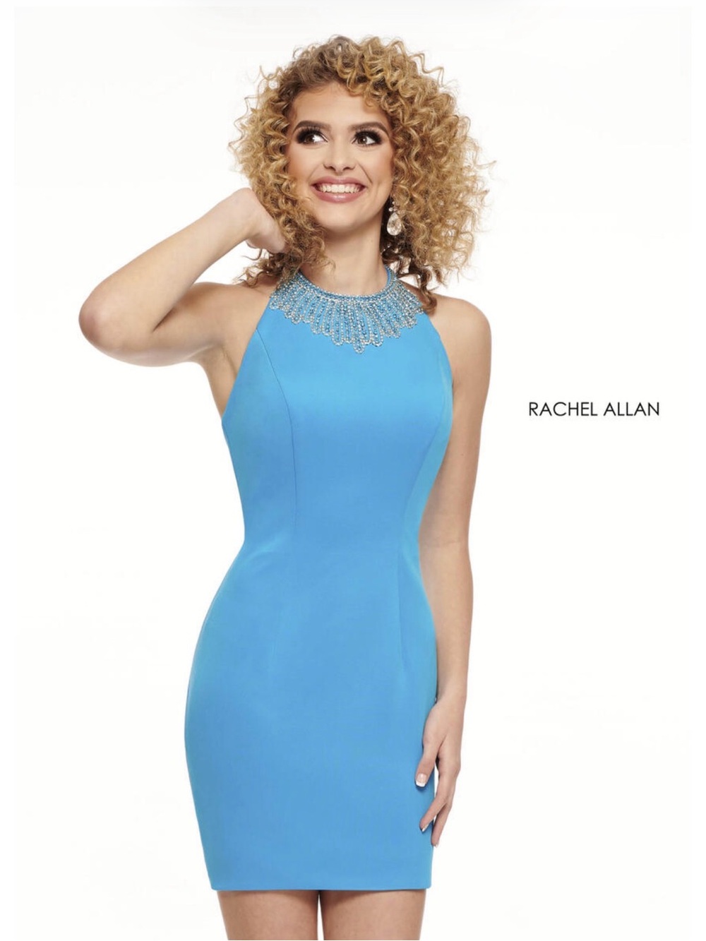 Rachel Allan Sky Blue Embellished Halter Mini Dress
